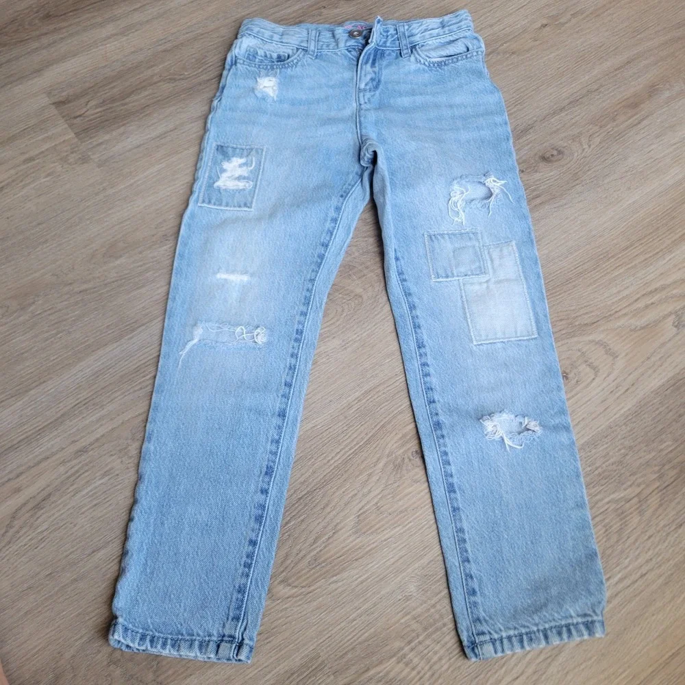 The Childrens Place Girls Girlfriend Jeans 8 Light Wash Patched Distressed Denim